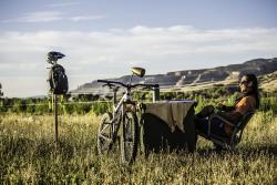 A man sits at a table in a field with a bike leaned up against it. 