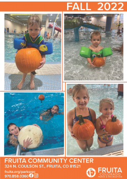 Front cover of a magazine with pictures of kids in a pool holding pumpkins.