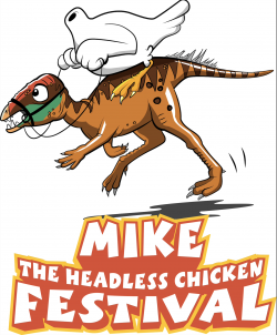 A headless chicken riding a dinosaur.
